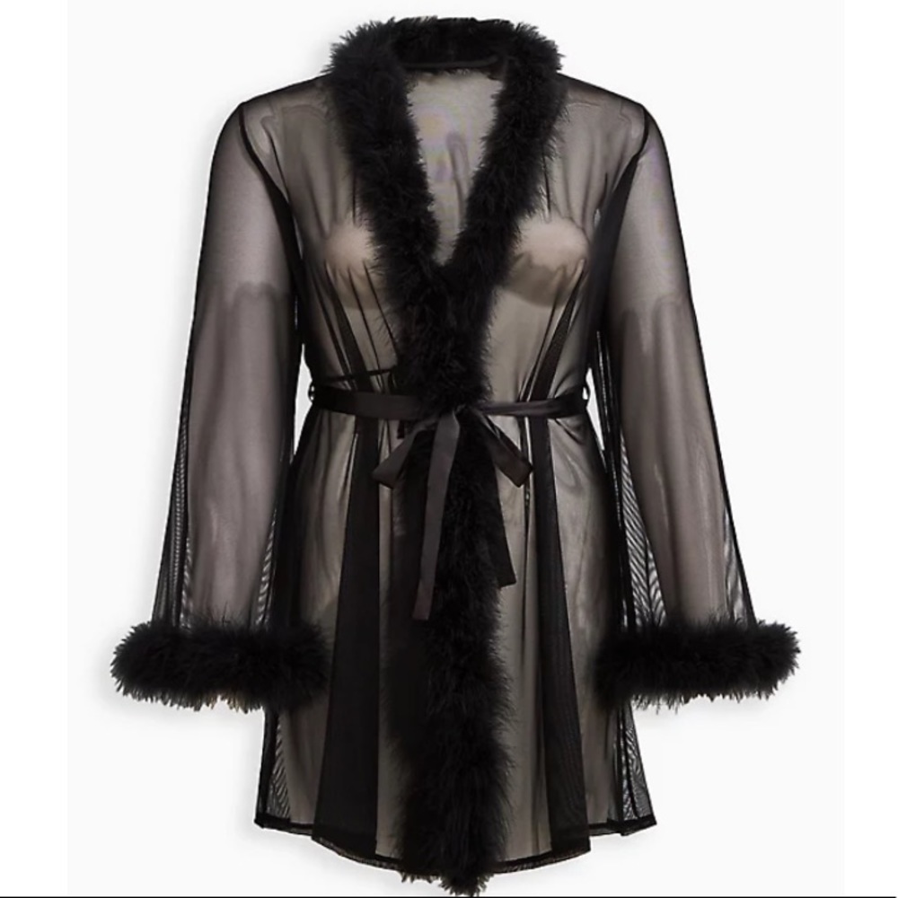TORRID NWT MARABOU TRIM MIDI ROBE - MESH BLACK